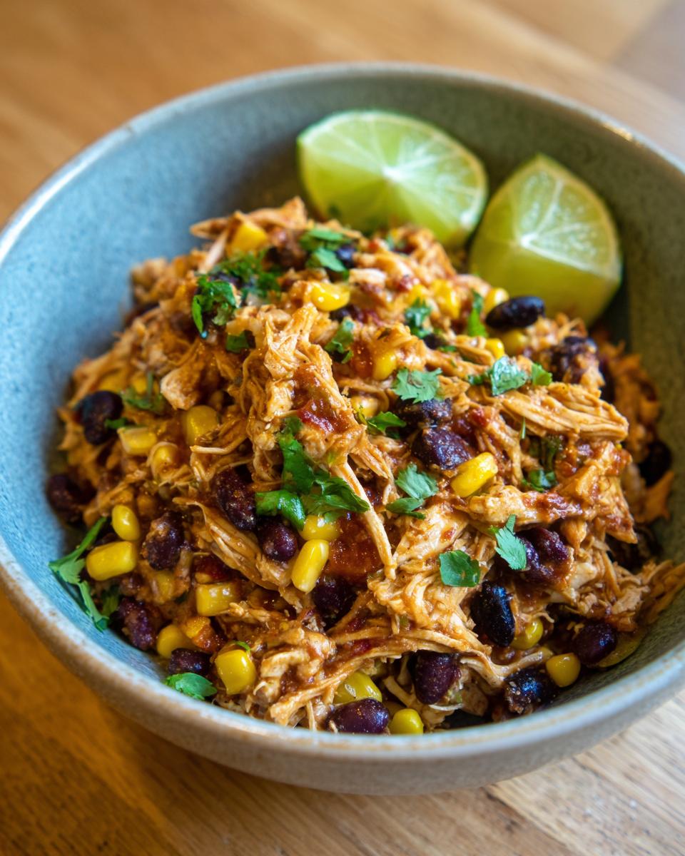 A bowl of shredded chicken with salsa verde, black beans, corn, and lime wedges, perfect for Slow Cooker Recipes for Salsa Verde Chicken Taco Bowls.