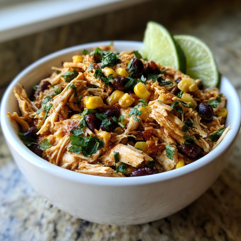 A bowl of shredded chicken with corn, black beans, and cilantro, topped with lime wedges. Perfect for Slow Cooker Recipes for Salsa Verde Chicken Taco Bowls.