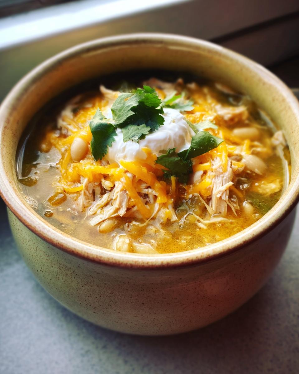 A bowl of flavorful slow cooker white chicken chili topped with shredded cheese, sour cream, and cilantro.