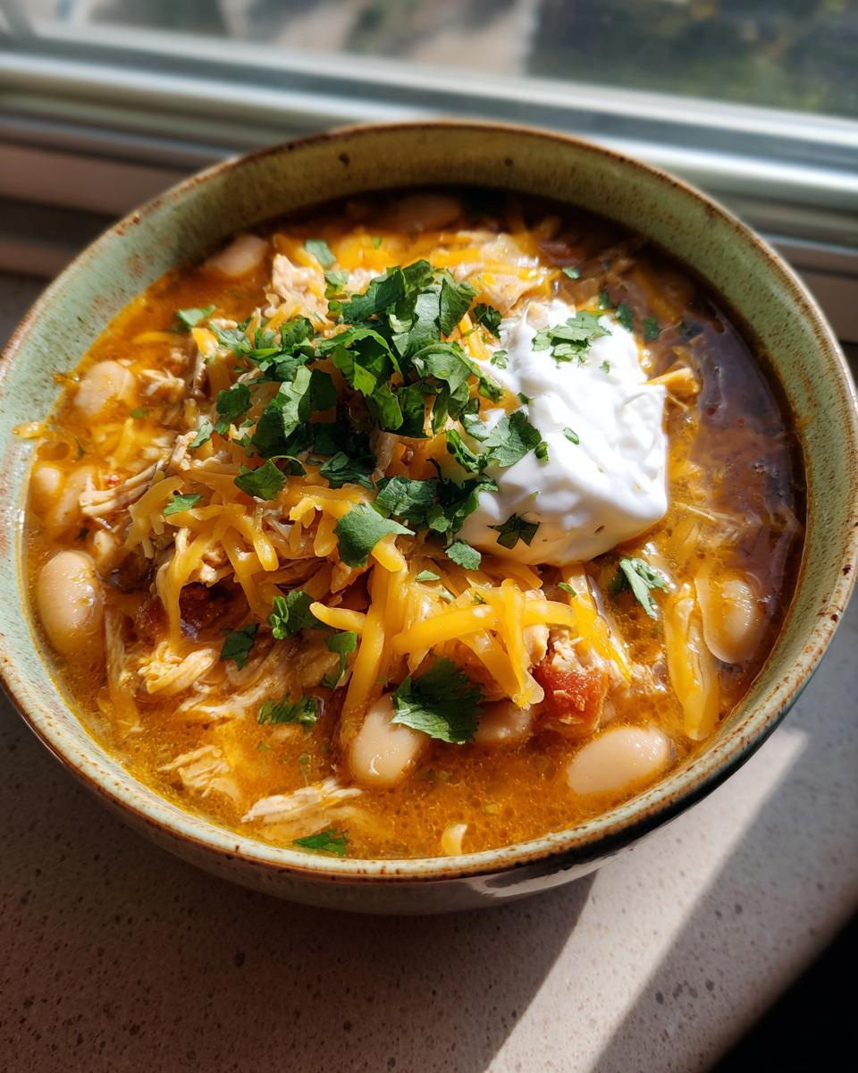 A bowl of Slow Cooker White Chicken Chili full of flavor, topped with shredded cheese, sour cream, and cilantro.
