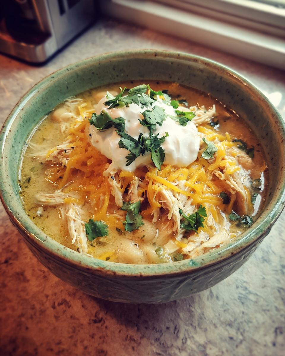 A bowl of slow cooker white chicken chili topped with shredded cheese, sour cream, and cilantro.