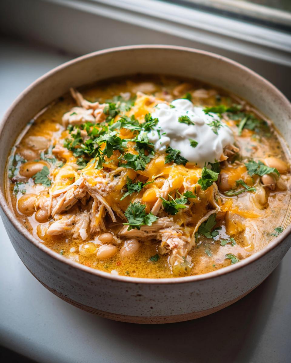A hearty bowl of slow cooker white chicken chili, topped with cheese, sour cream, and cilantro.