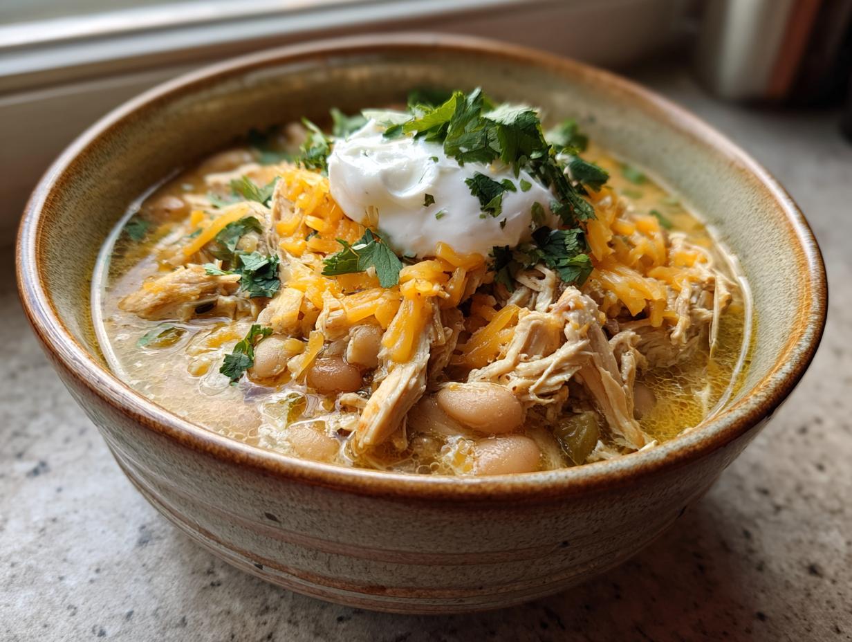 A hearty bowl of Slow Cooker White Chicken Chili full of flavor, topped with shredded cheese, sour cream, and cilantro.