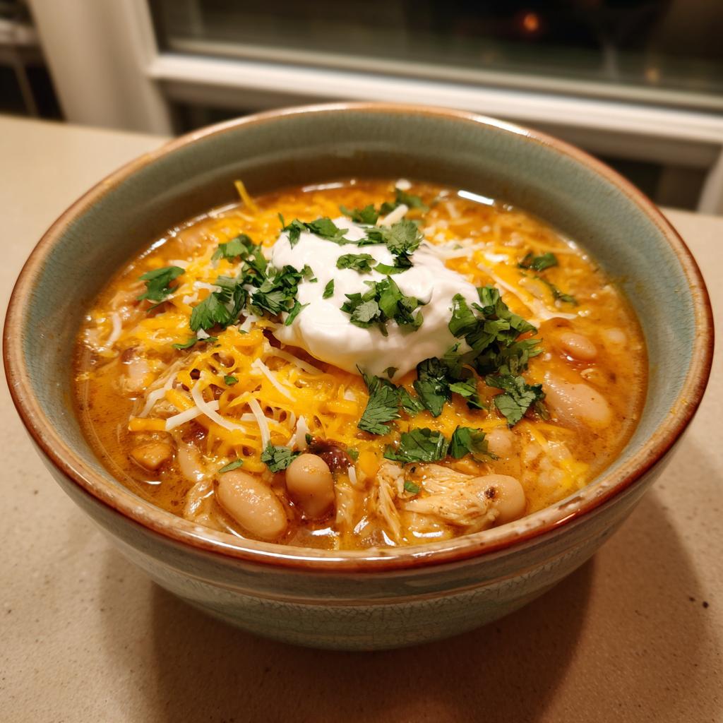 A bowl of slow cooker white chicken chili full of flavor, topped with cheese, sour cream, and cilantro.