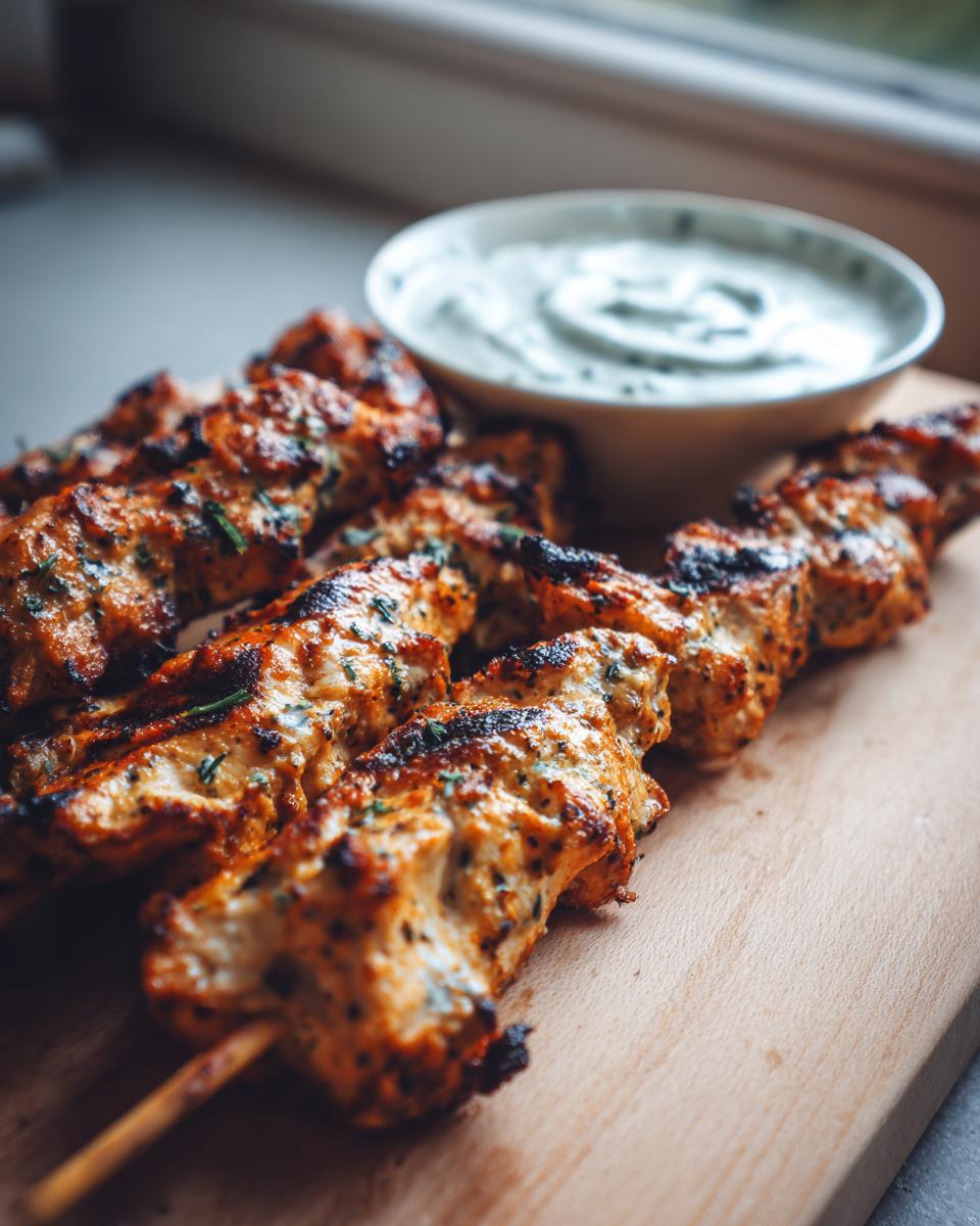 Close-up of perfectly grilled smoky chicken skewers served with a side of creamy garlic yogurt dip.
