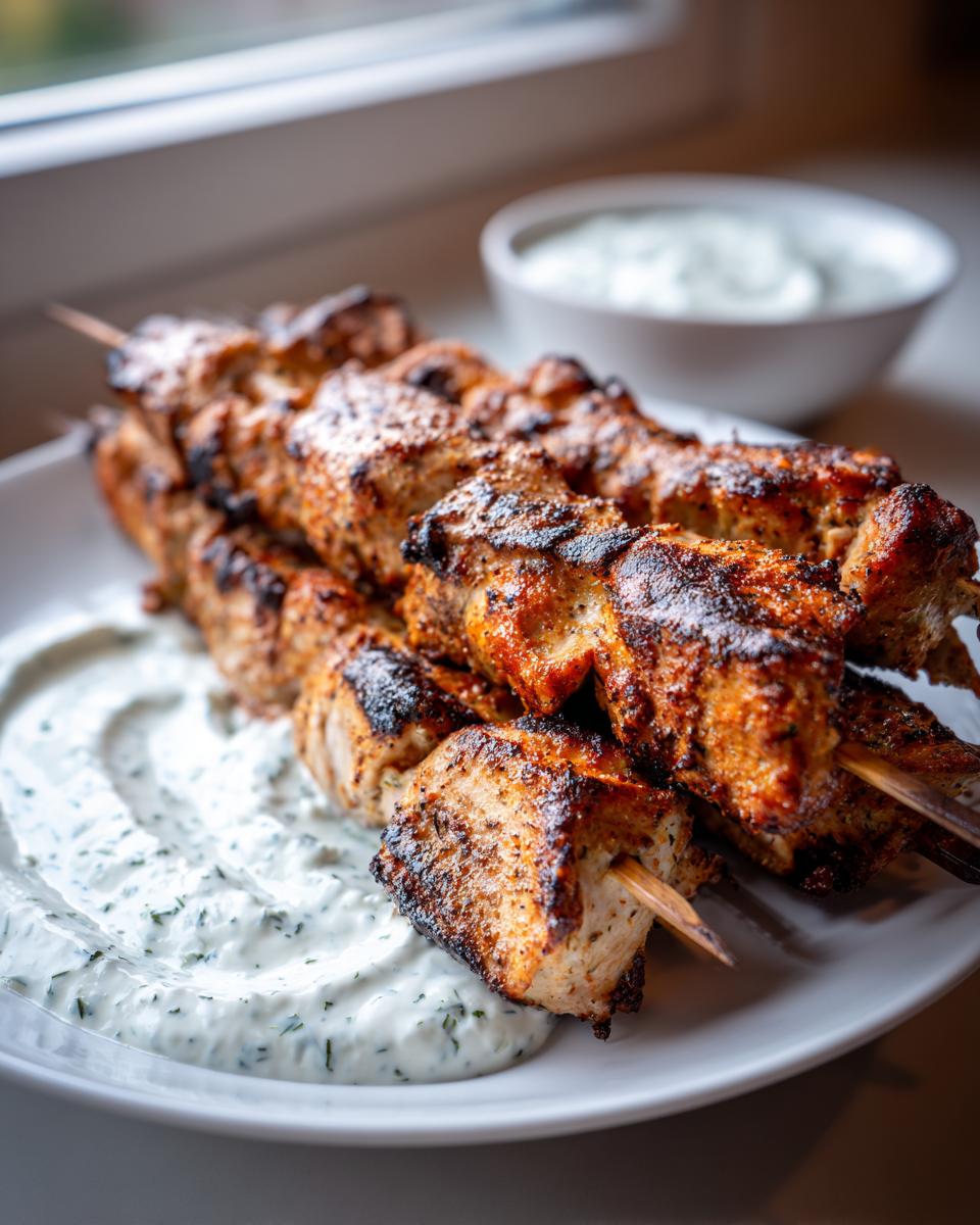 Close-up of perfectly grilled smoky chicken skewers served with a creamy garlic yogurt sauce with herbs.