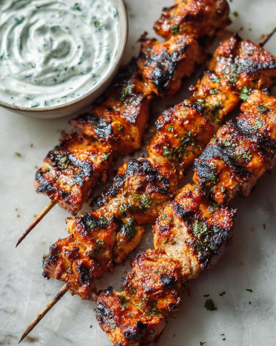 Close-up of smoky chicken skewers with grill marks, garnished with herbs, next to a bowl of garlic yogurt dip.