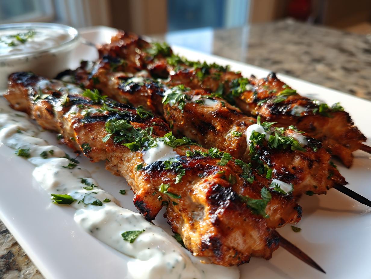 Close-up of grilled smoky chicken skewers drizzled with garlic yogurt and sprinkled with parsley.