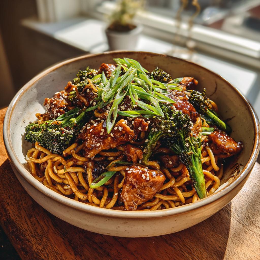 A close-up of a bowl filled with Spicy Garlic Chicken and Broccoli Noodle Bowls, garnished with scallions and sesame seeds.