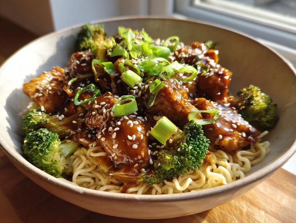 A close-up of Spicy Garlic Chicken and Broccoli Noodle Bowls, featuring tender chicken pieces in a glossy sauce with vibrant broccoli florets and noodles.