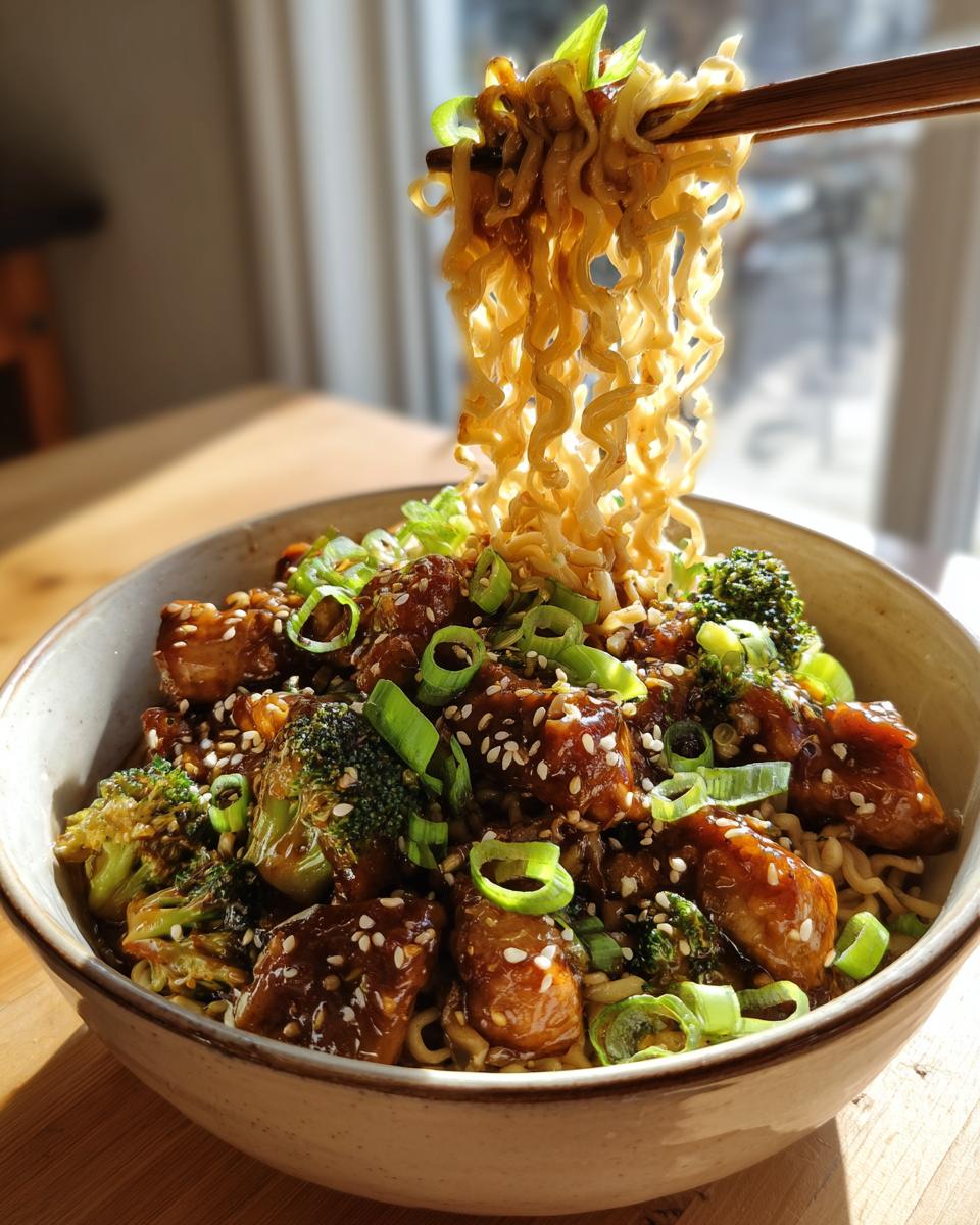 A close-up of a bowl of Spicy Garlic Chicken and Broccoli Noodle Bowls, with noodles being lifted by chopsticks.