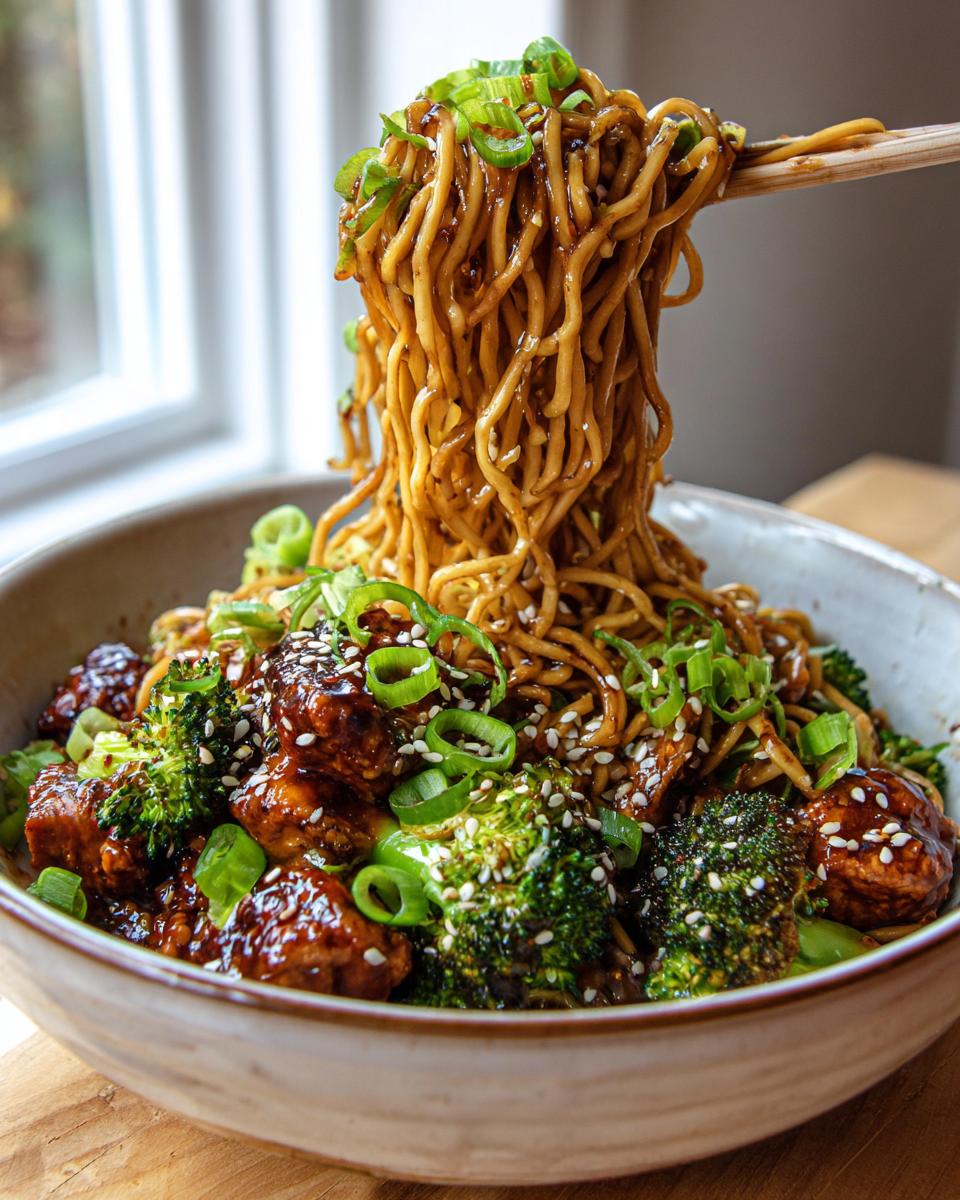 A close-up of Spicy Garlic Chicken and Broccoli Noodle Bowls, with noodles being lifted by chopsticks.