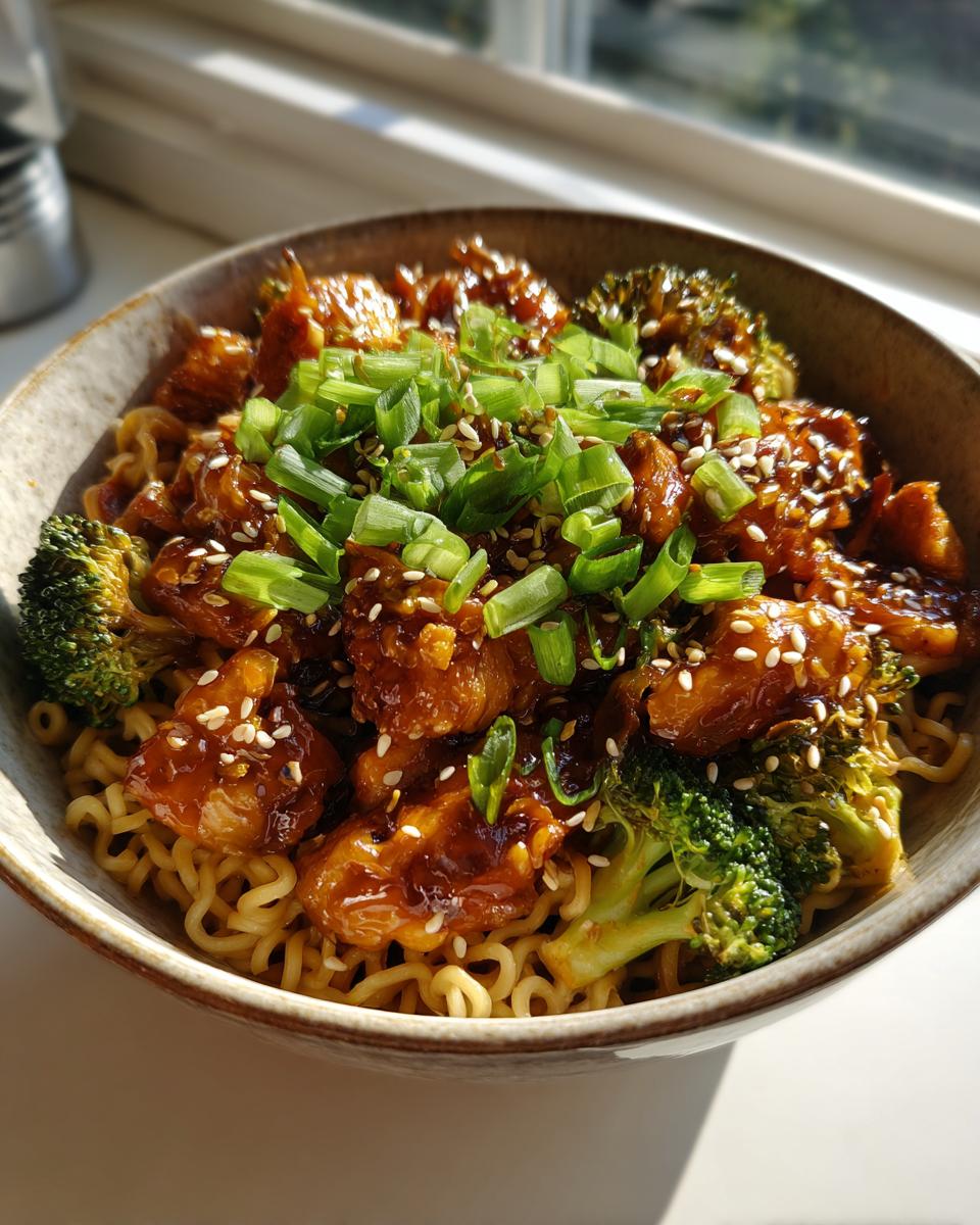A close-up of Spicy Garlic Chicken and Broccoli Noodle Bowls, featuring tender chicken pieces, vibrant broccoli florets, and ramen noodles coated in a glossy sauce, topped with chopped green onions and sesame seeds.