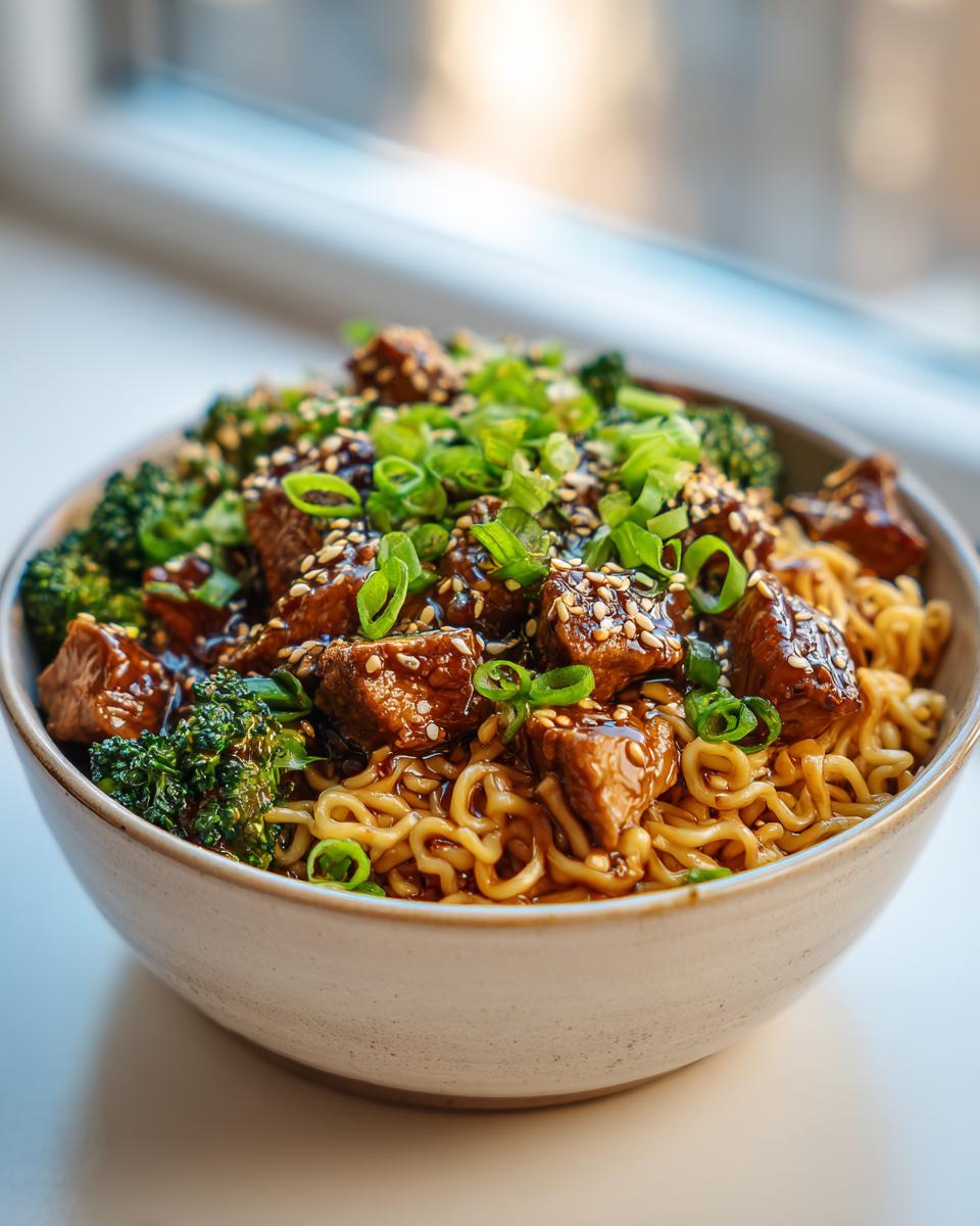 A close-up of a bowl filled with Spicy Garlic Chicken and Broccoli Noodle Bowls, topped with sesame seeds and green onions.