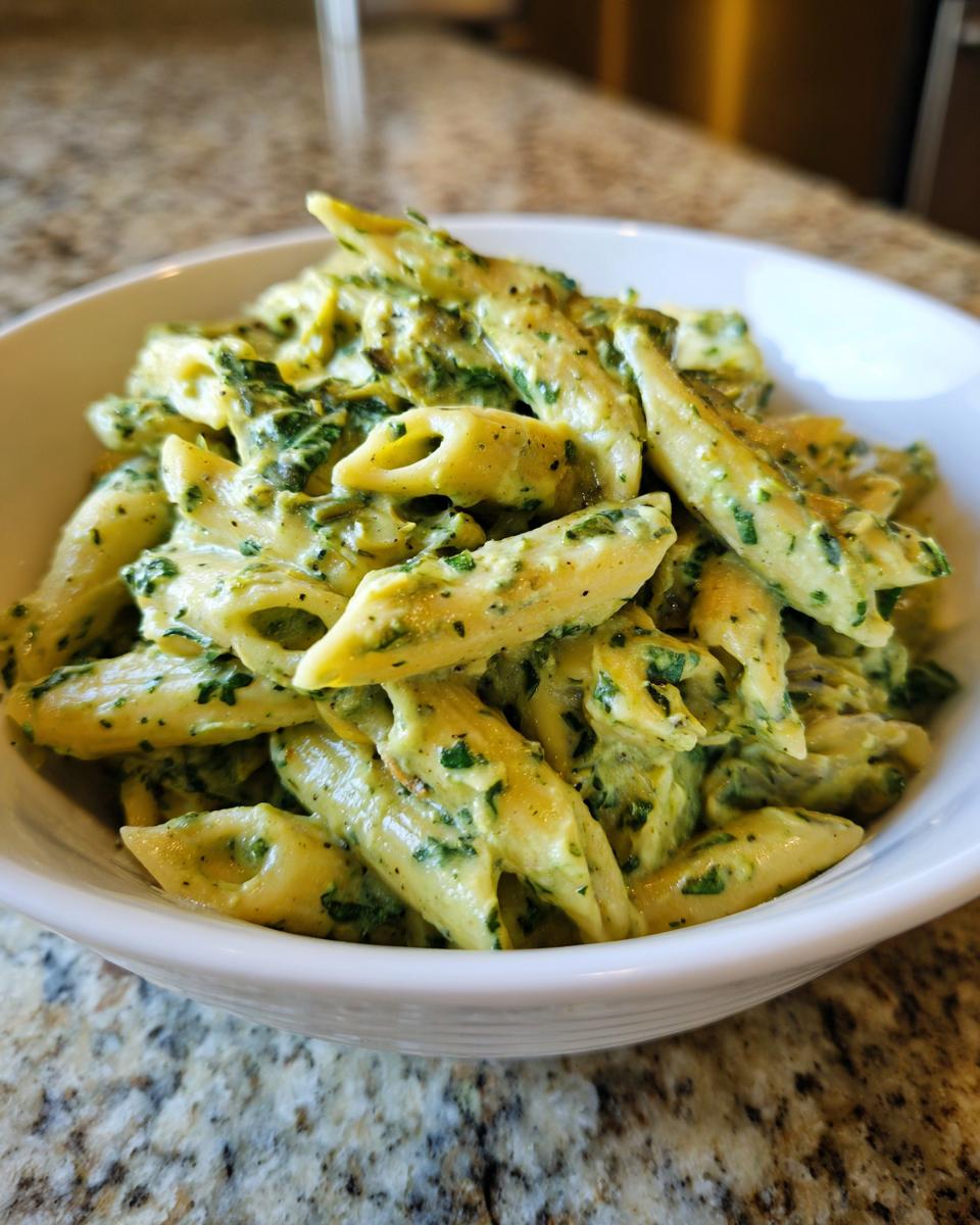 A bowl of creamy spinach artichoke pasta, a delicious and easy dinner recipe.