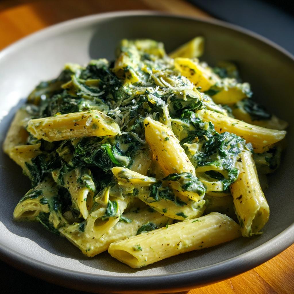 A close-up of creamy spinach artichoke pasta with penne noodles, showing the rich sauce and green spinach.