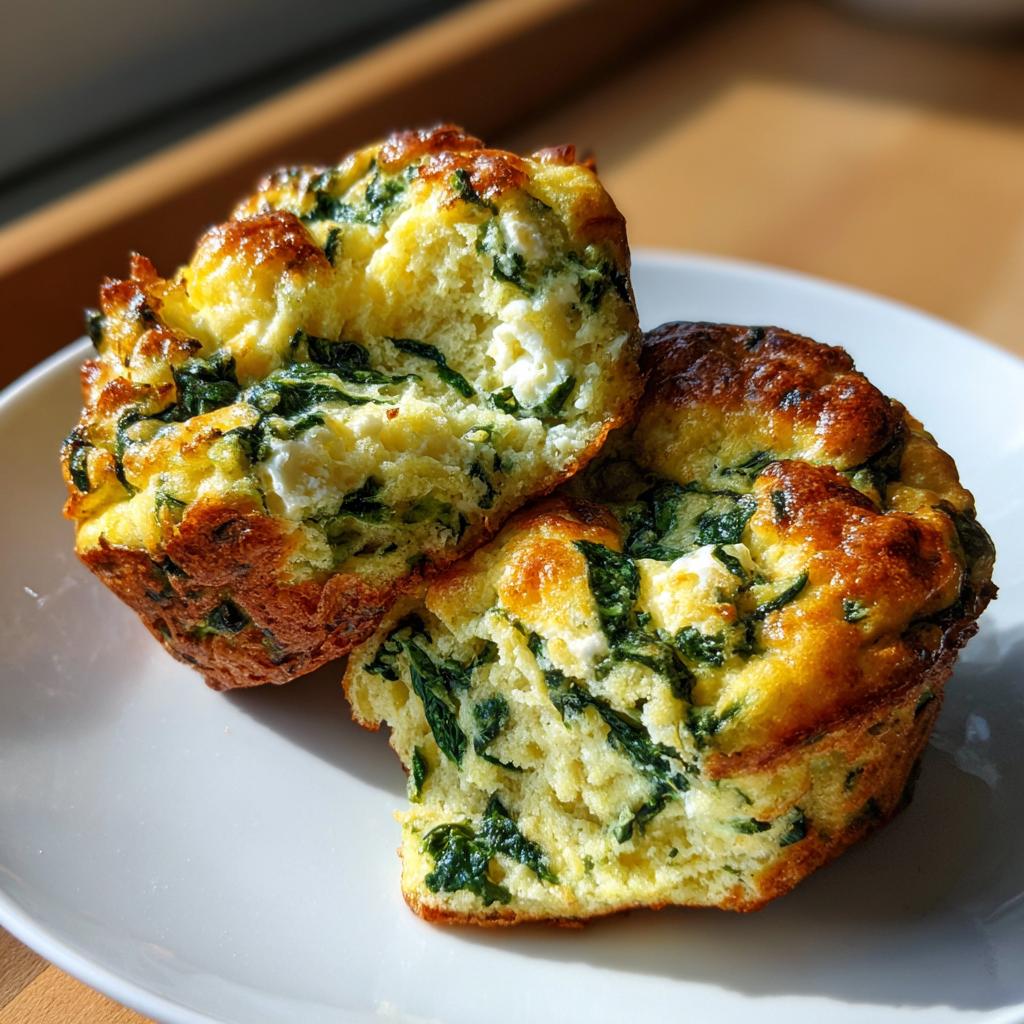 Close-up of two halves of a spinach feta egg muffin, showcasing the fluffy interior with spinach and feta cheese.