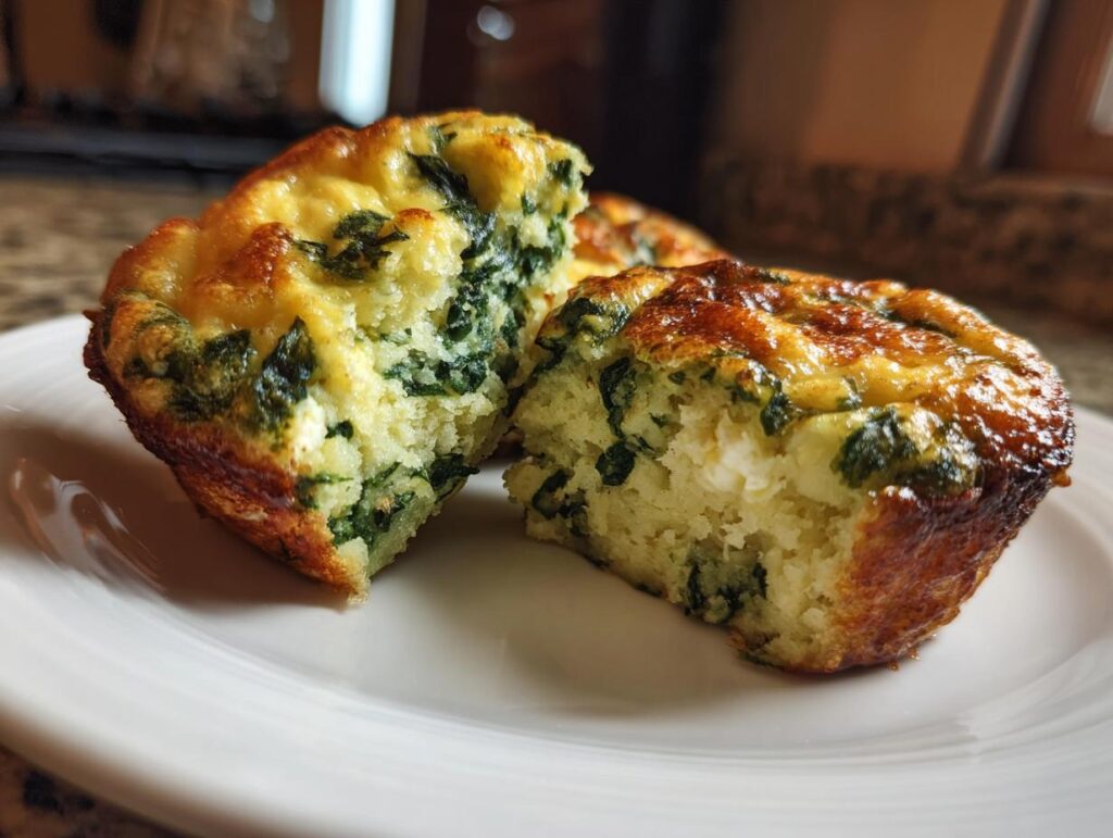 Close-up of a spinach feta egg muffin, cut in half, revealing fluffy interior with spinach and feta cheese.