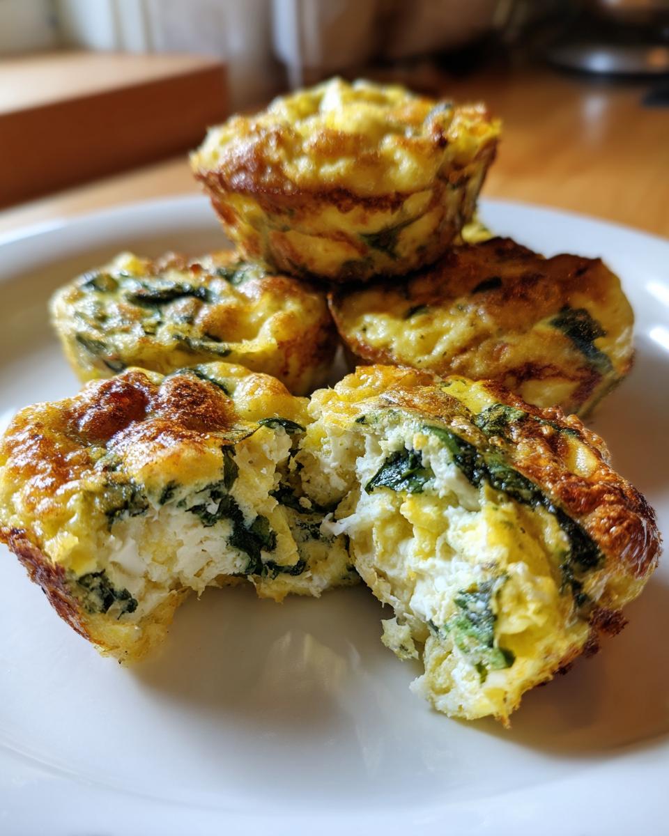 A close-up of a stack of fluffy spinach feta egg muffins, one broken open to reveal the cheesy interior.