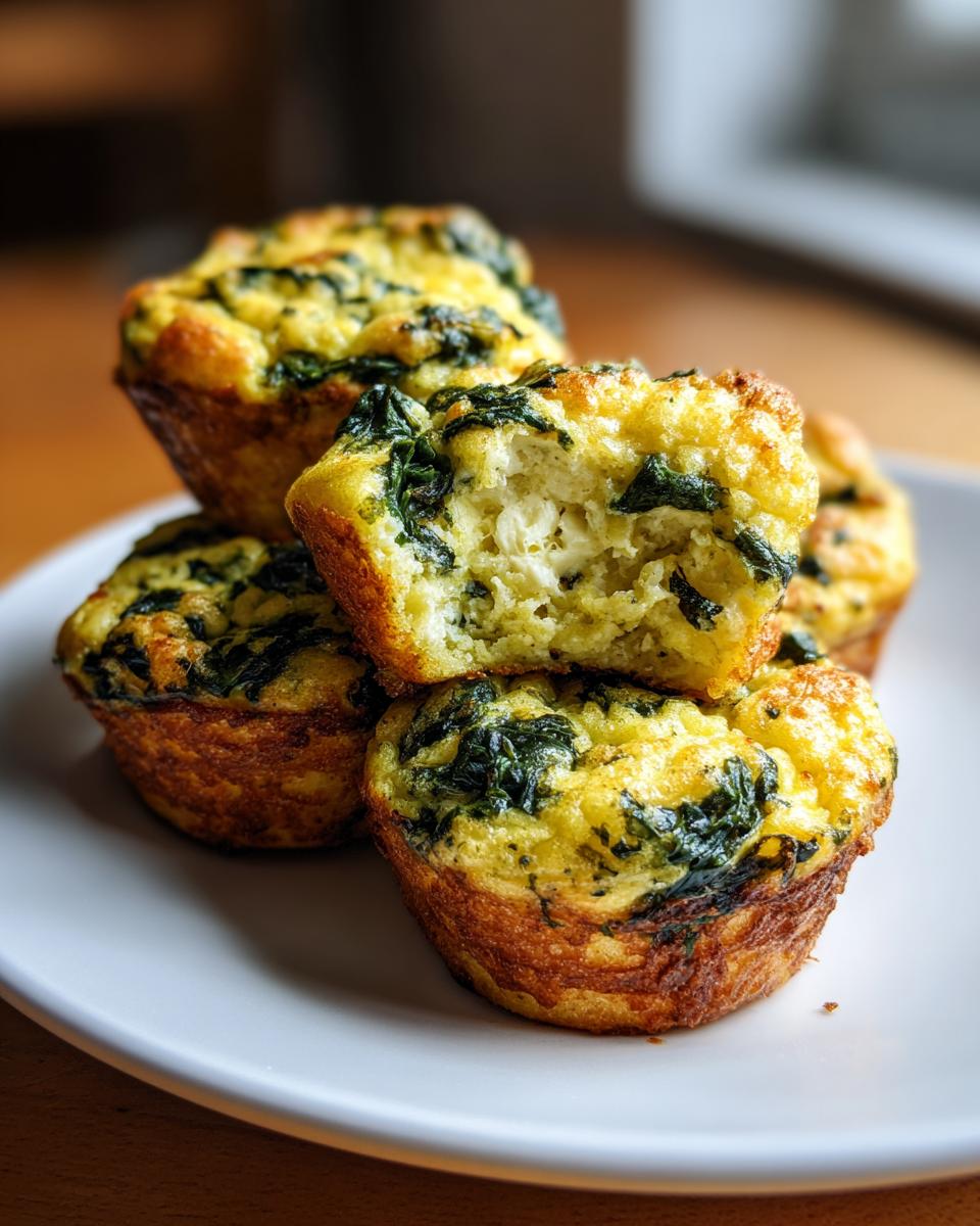 A stack of golden-brown spinach feta egg muffins, one with a bite taken out, revealing a fluffy interior.
