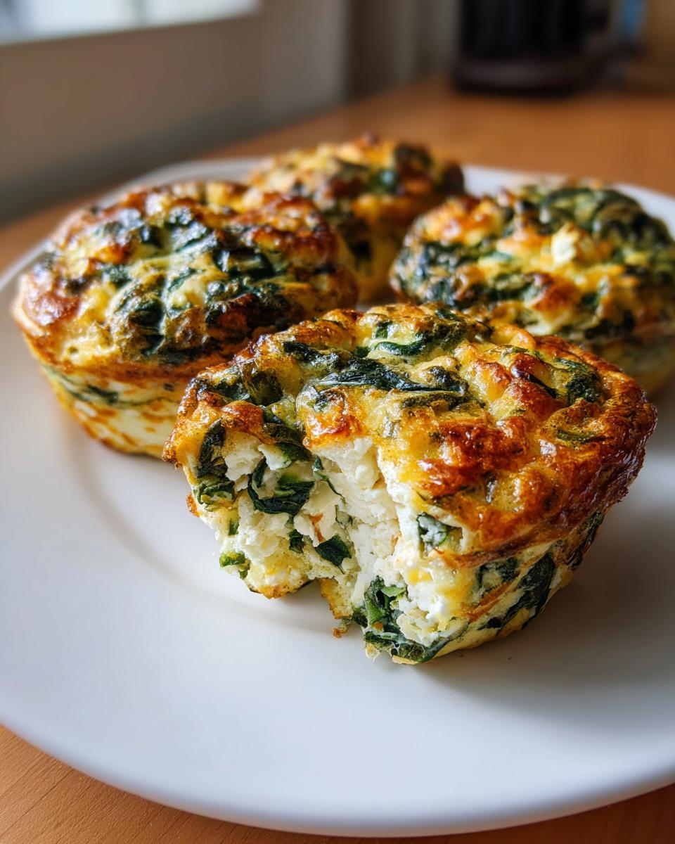 Close-up of baked Spinach Feta Egg Muffins on a white plate, one muffin has a bite taken out.