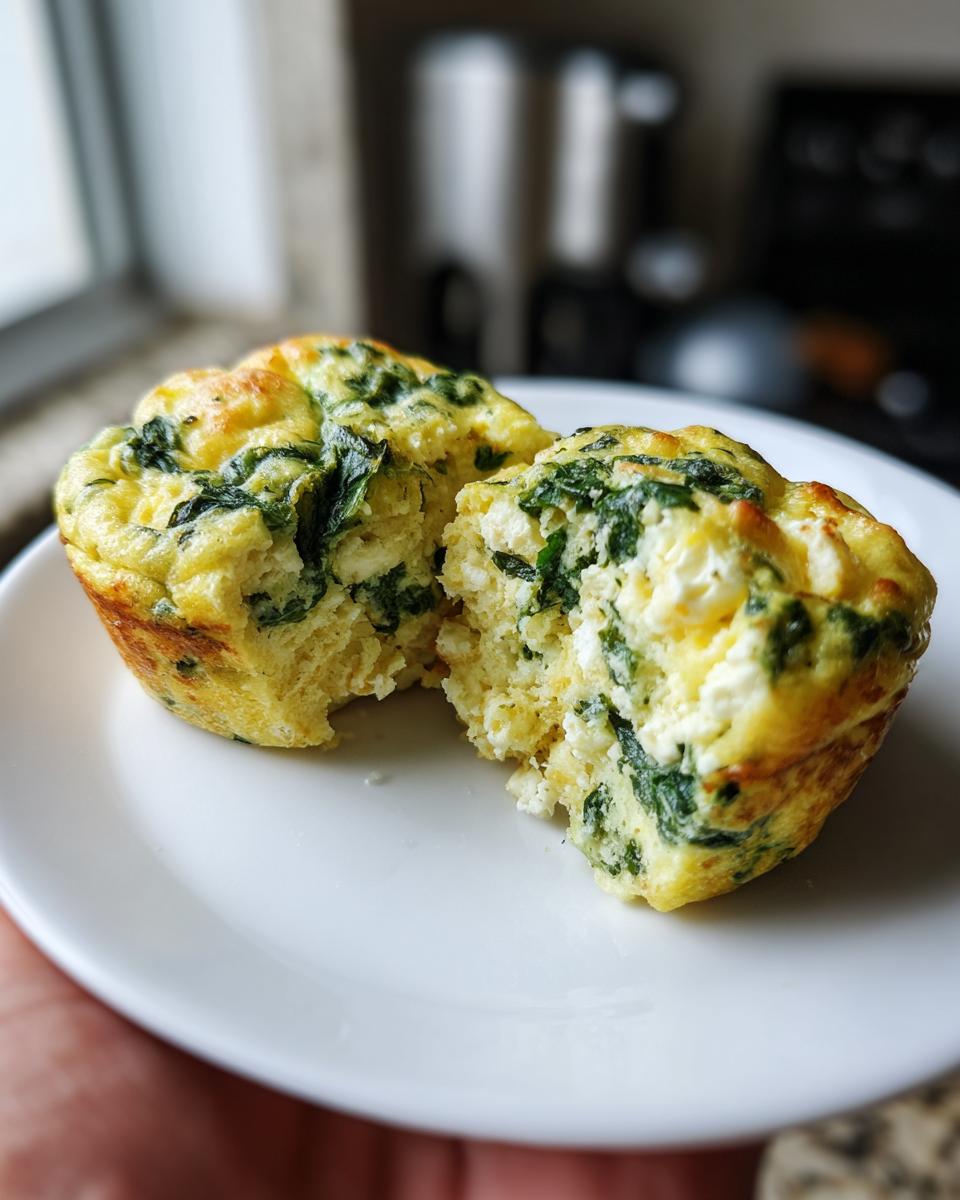 Close-up of two spinach feta egg muffins on a white plate, one muffin is broken in half revealing the fluffy interior with spinach and feta cheese.
