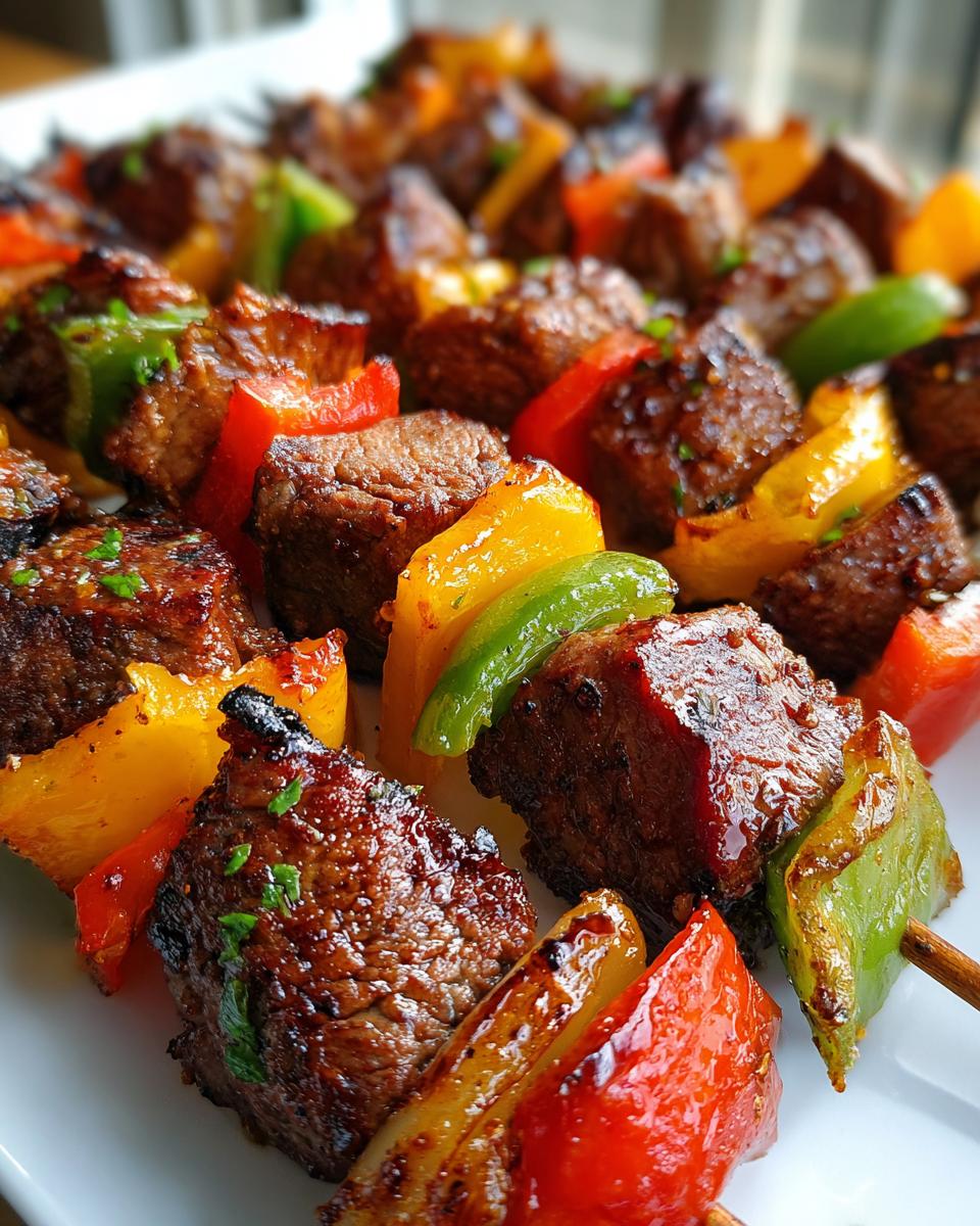 Close-up of grilled steak kabobs with colorful bell peppers and onions, seasoned and juicy.