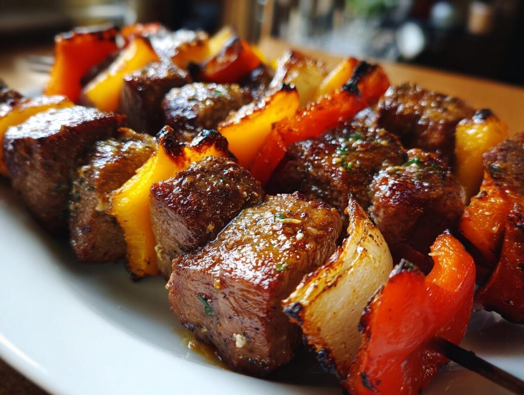 Close-up of grilled steak kabobs with chunks of juicy steak, red and yellow bell peppers, and onions.
