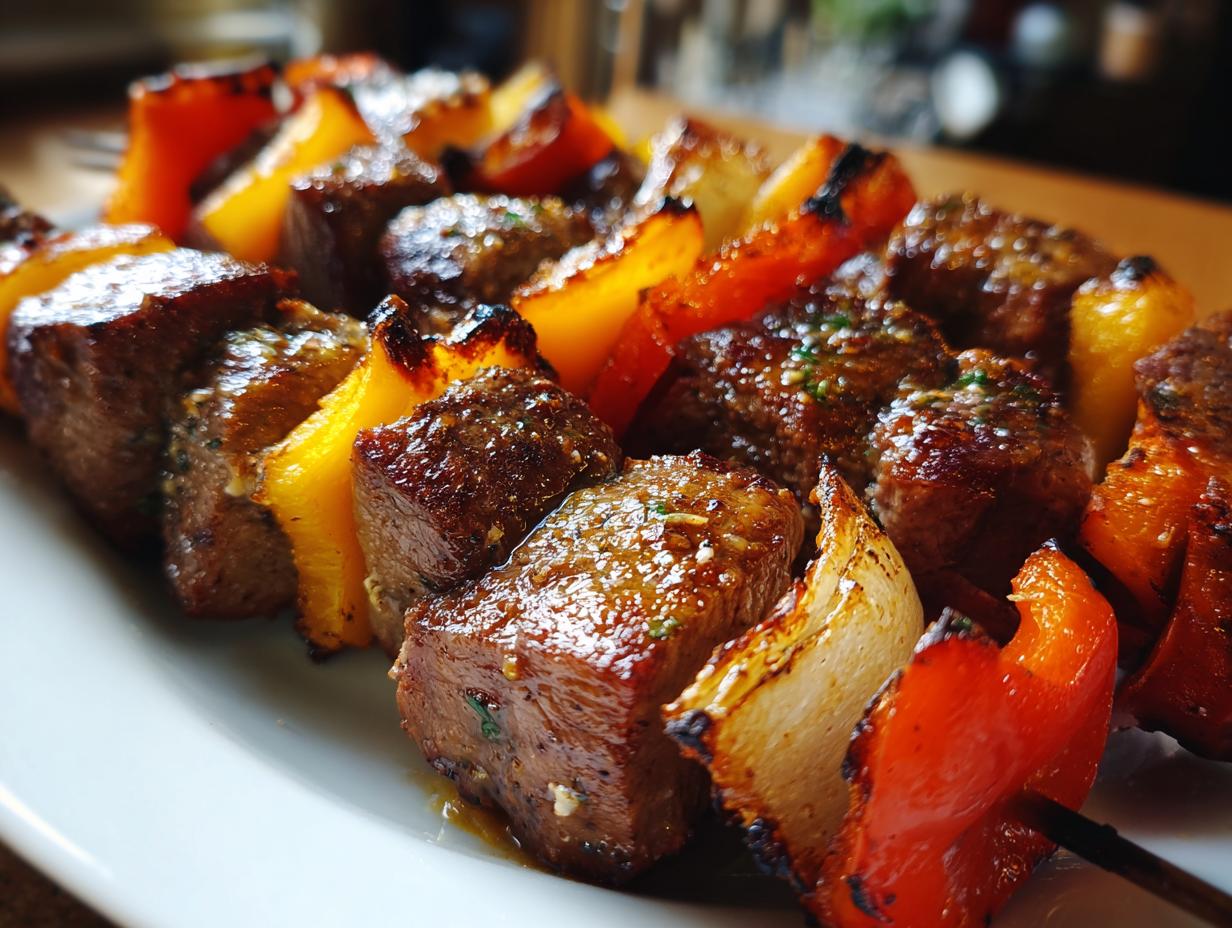 Close-up of grilled steak kabobs with chunks of juicy steak, red and yellow bell peppers, and onions.