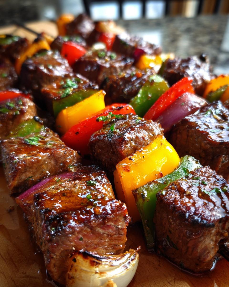 Close-up of grilled steak kabobs with colorful bell peppers and red onions, glazed and garnished with herbs.
