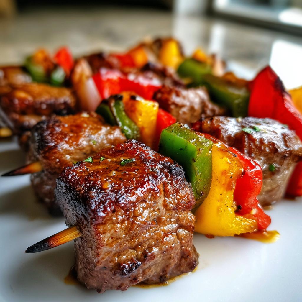 Close-up of grilled steak kabobs with colorful bell peppers and onions, showcasing juicy, marinated steak.