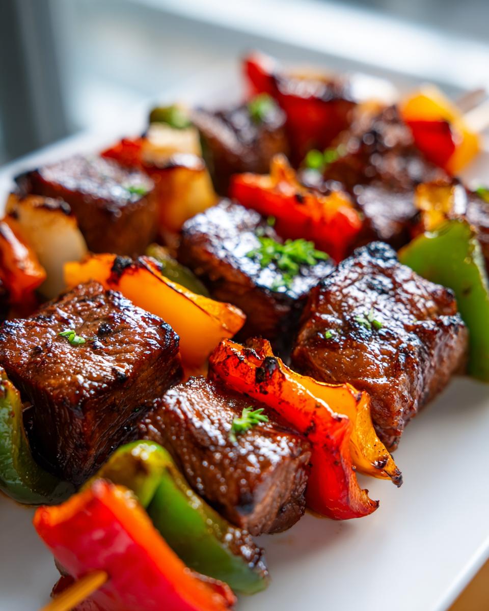 Close-up of grilled steak kabobs with red, green, and orange bell peppers and onions.