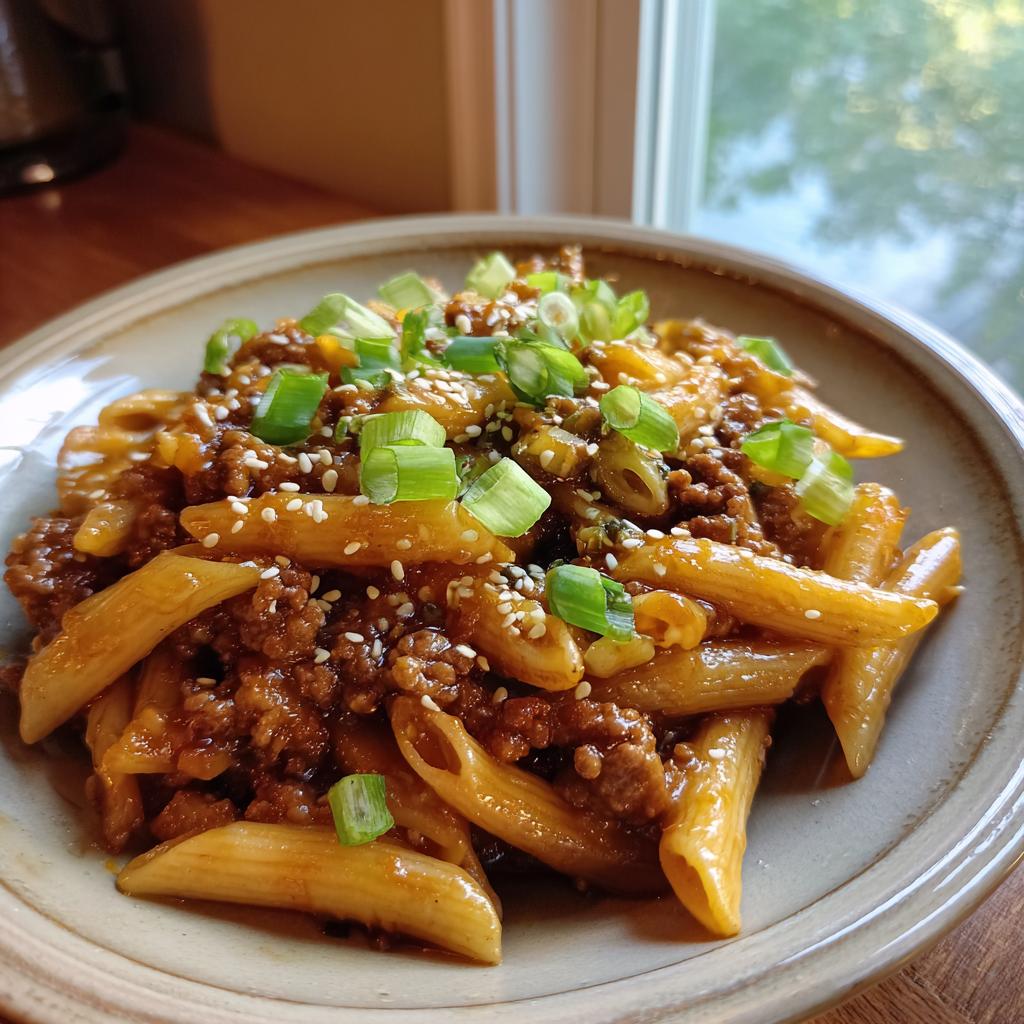 A close-up of a bowl of Sticky Honey Garlic Sausage Pasta Skillet, garnished with green onions and sesame seeds.