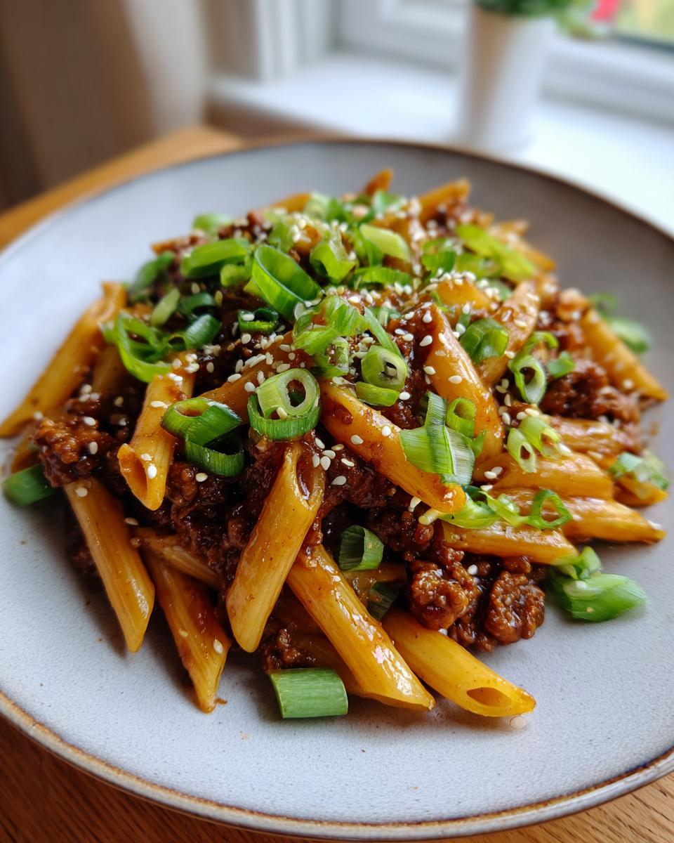 A close-up of a plate filled with Sticky Honey Garlic Sausage Pasta Skillet, garnished with green onions and sesame seeds.