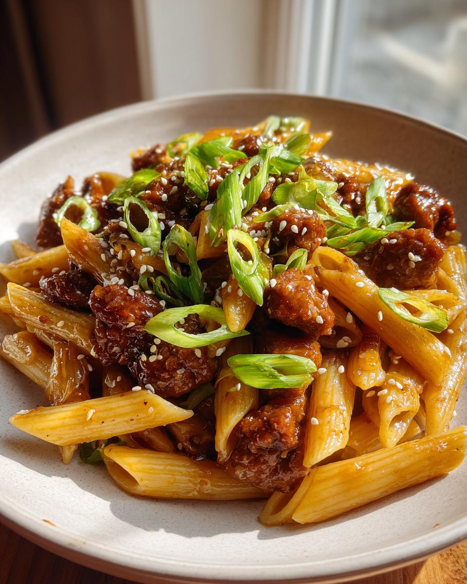 A close-up of a bowl filled with Sticky Honey Garlic Sausage Pasta Skillet, garnished with green onions and sesame seeds.
