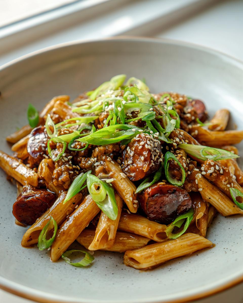 A close-up of a bowl filled with Sticky Honey Garlic Sausage Pasta Skillet, garnished with green onions and sesame seeds.