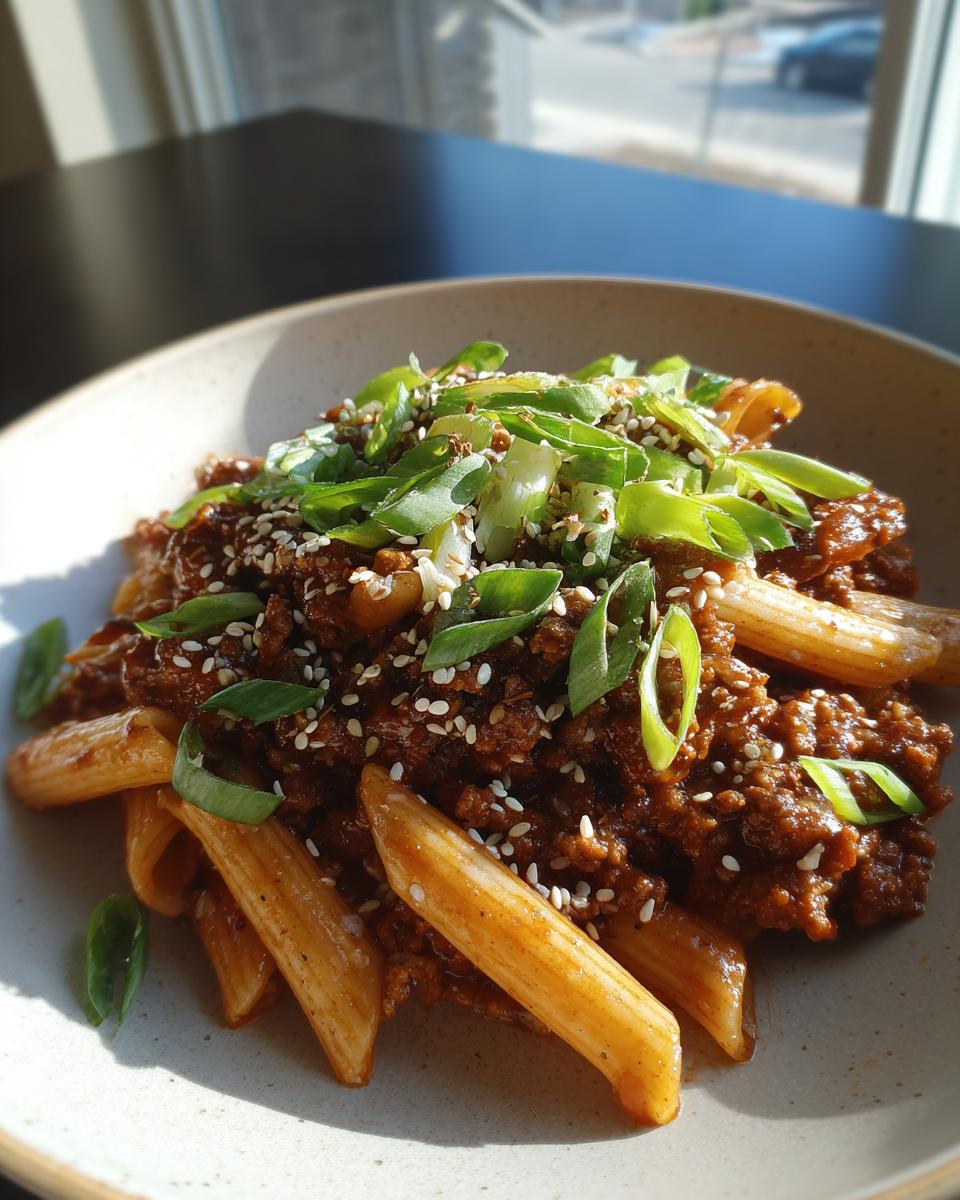 A close-up of Sticky Honey Garlic Sausage Pasta Skillet topped with sesame seeds and green onions.
