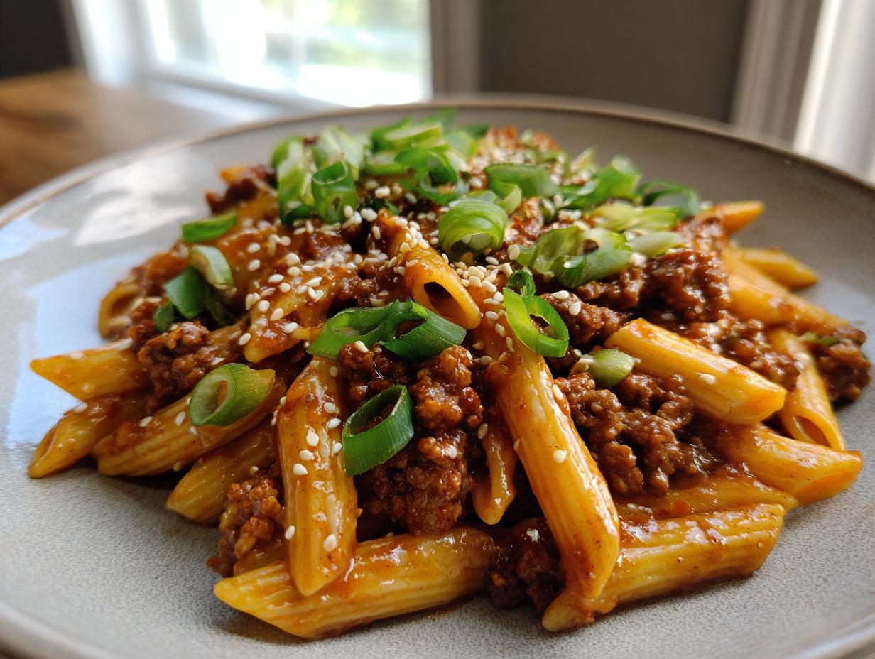 A close-up of a bowl of Sticky Honey Garlic Sausage Pasta Skillet, garnished with green onions and sesame seeds.