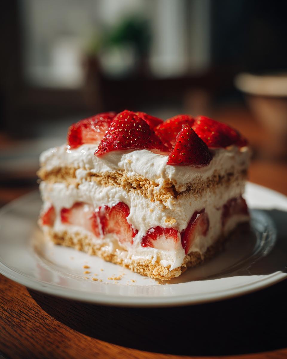 A slice of creamy icebox cake layered with strawberries and whipped cream, topped with fresh strawberries.