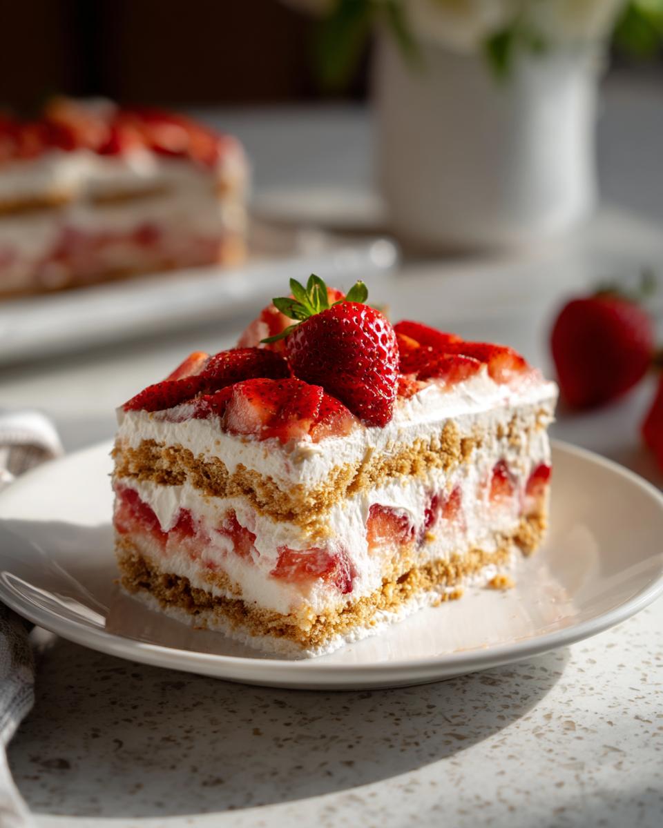 A slice of creamy strawberry icebox cake with layers of graham crackers, whipped cream, and fresh strawberries.