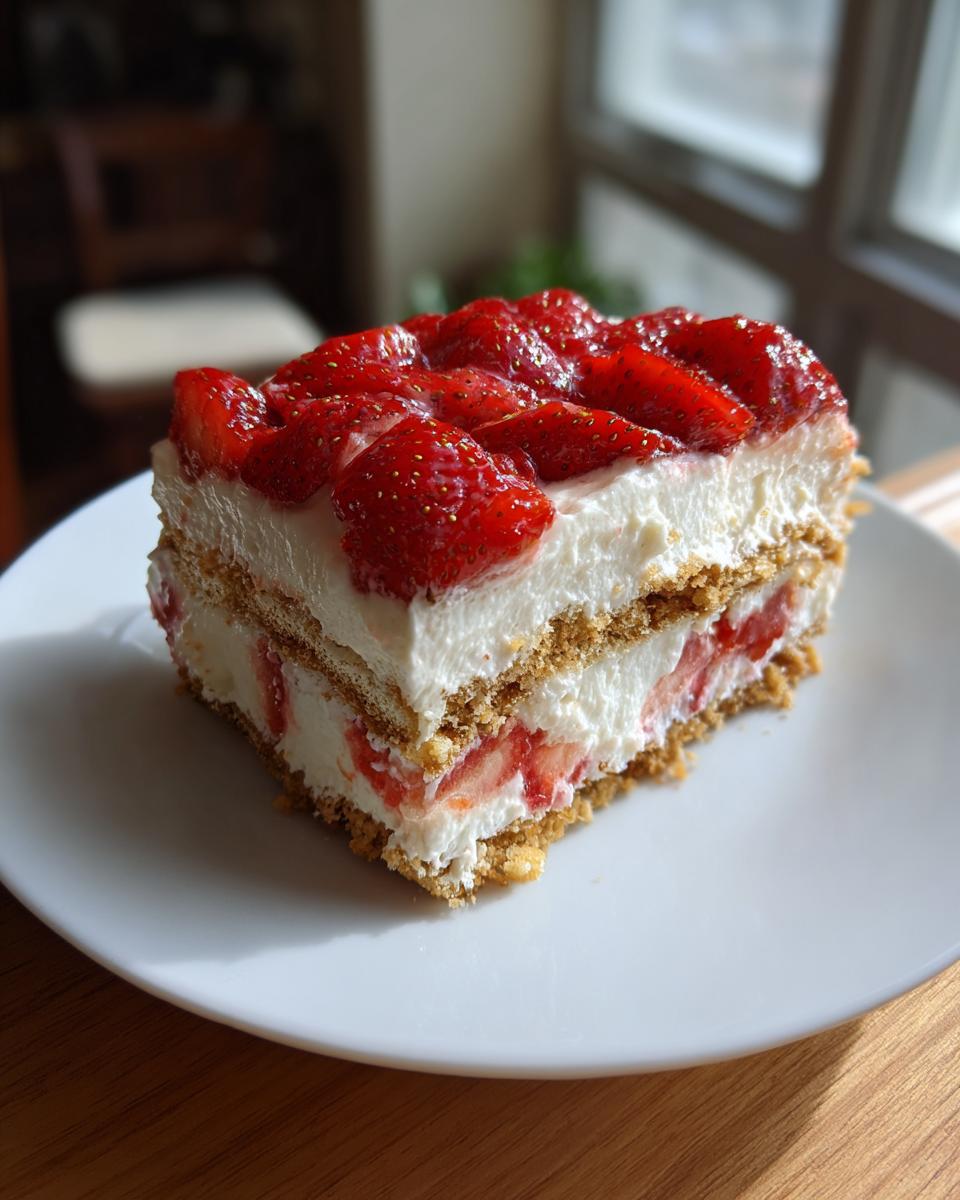 A slice of creamy icebox cake layered with graham crackers and fresh strawberries, topped with more strawberries.