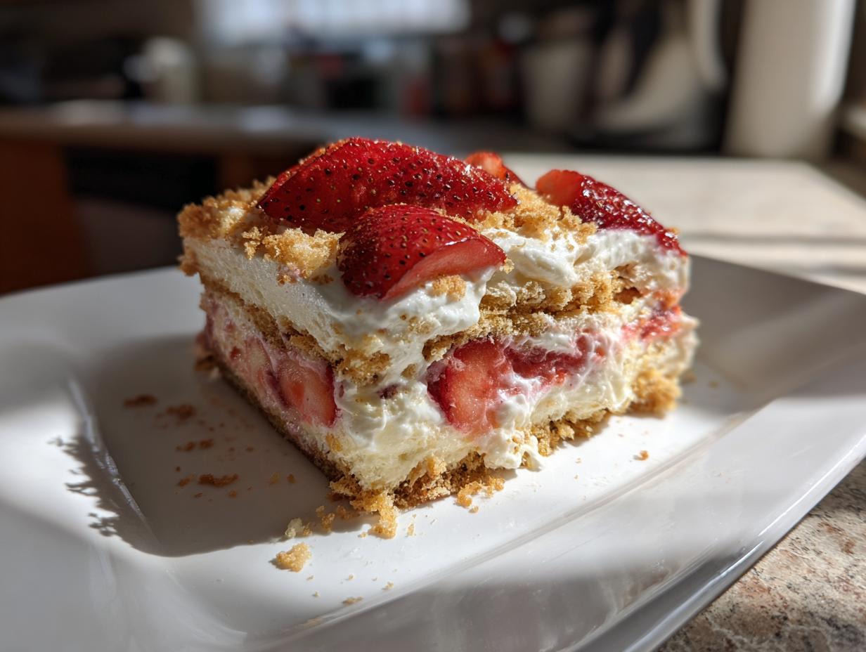 A slice of strawberry icebox cake, featuring layers of cream, strawberries, and graham cracker crust, topped with fresh strawberries.