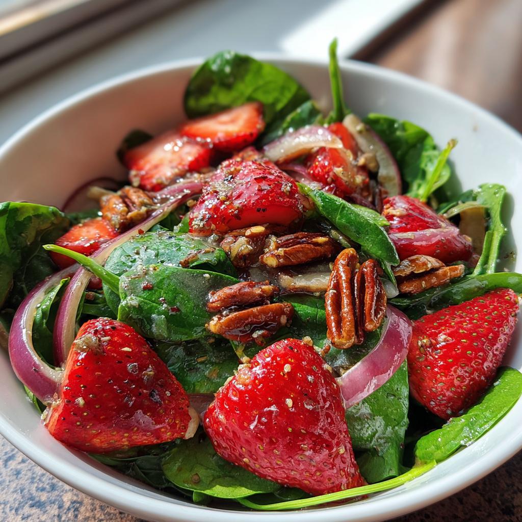 A vibrant bowl of strawberry spinach salad featuring fresh strawberries, spinach, red onion, and pecans with a light dressing.