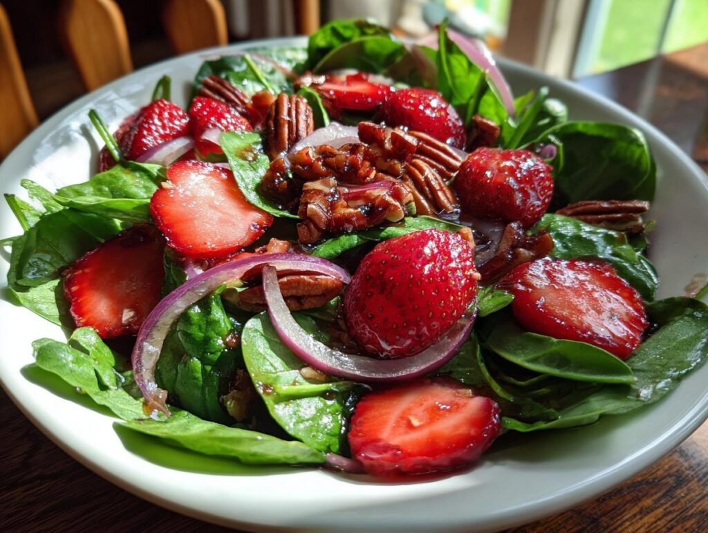 A vibrant strawberry spinach salad with sliced strawberries, red onion, and pecans, drizzled with dressing.