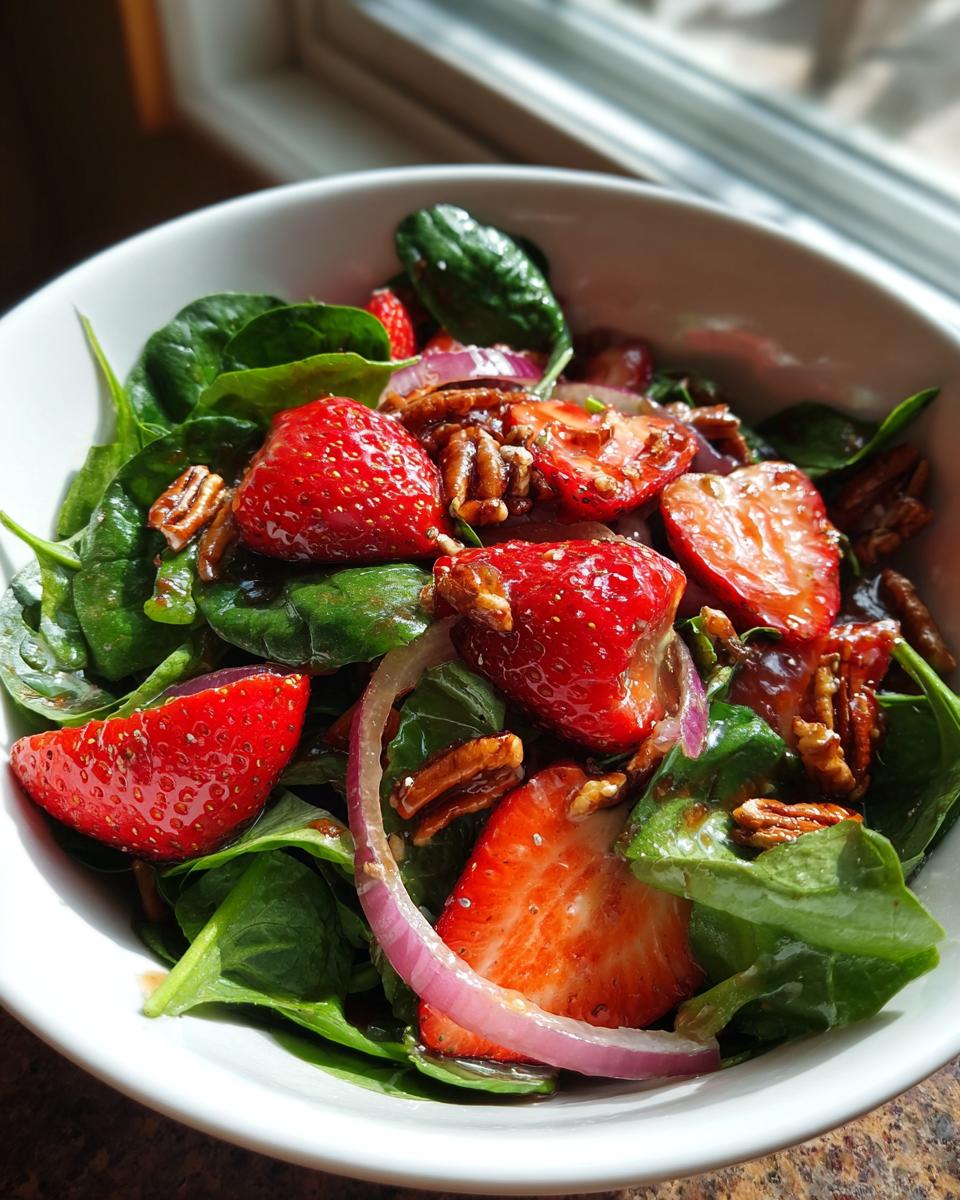 Close-up of a refreshing strawberry spinach salad with sliced strawberries, red onion, and pecans.