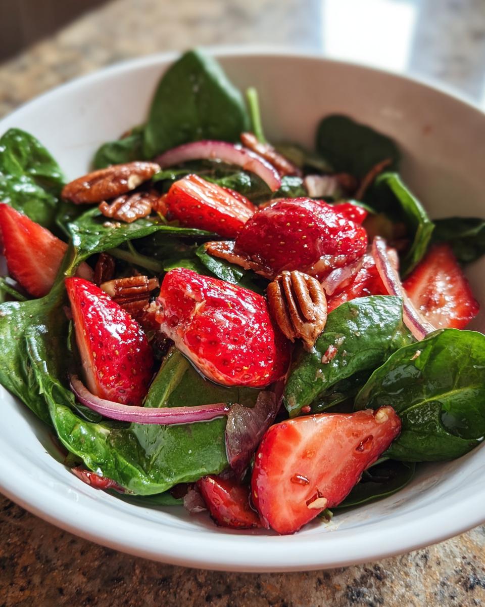 Close-up of a refreshing strawberry spinach salad with sliced strawberries, red onion, and pecans in a white bowl.