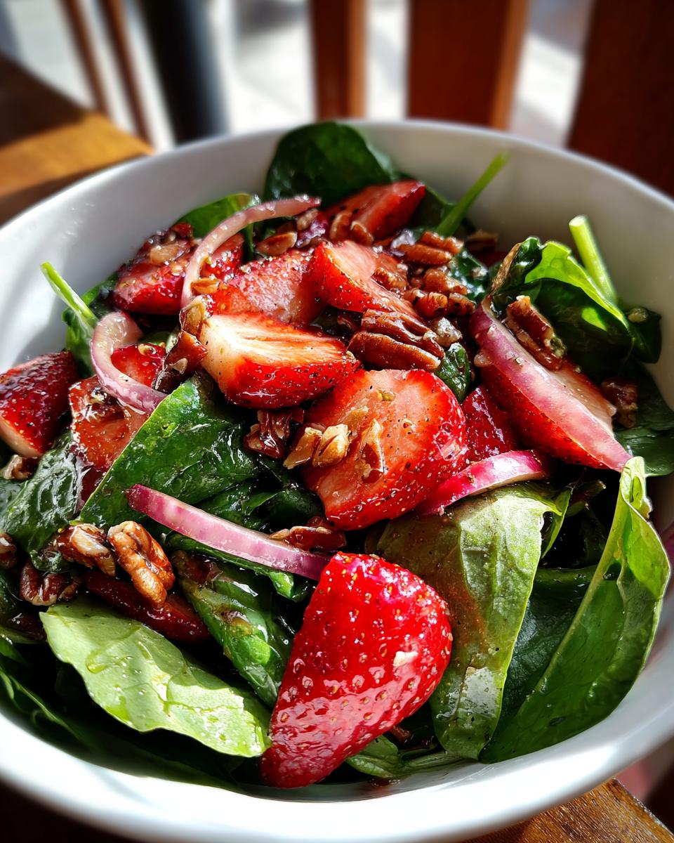 Close-up of a vibrant strawberry spinach salad with sliced strawberries, red onion, and chopped pecans.