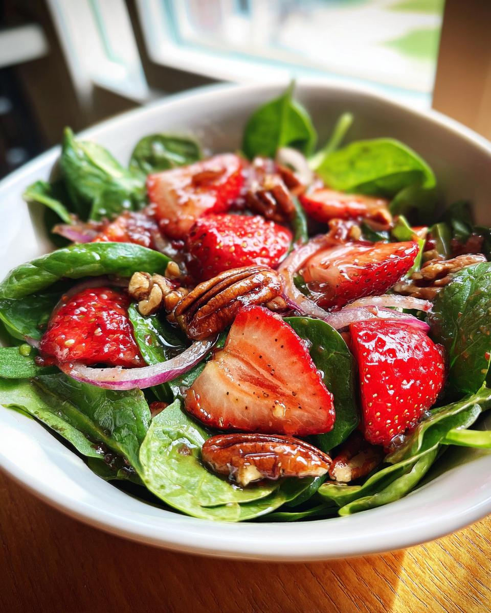 A refreshing strawberry spinach salad with sliced strawberries, red onion, and pecans in a white bowl.