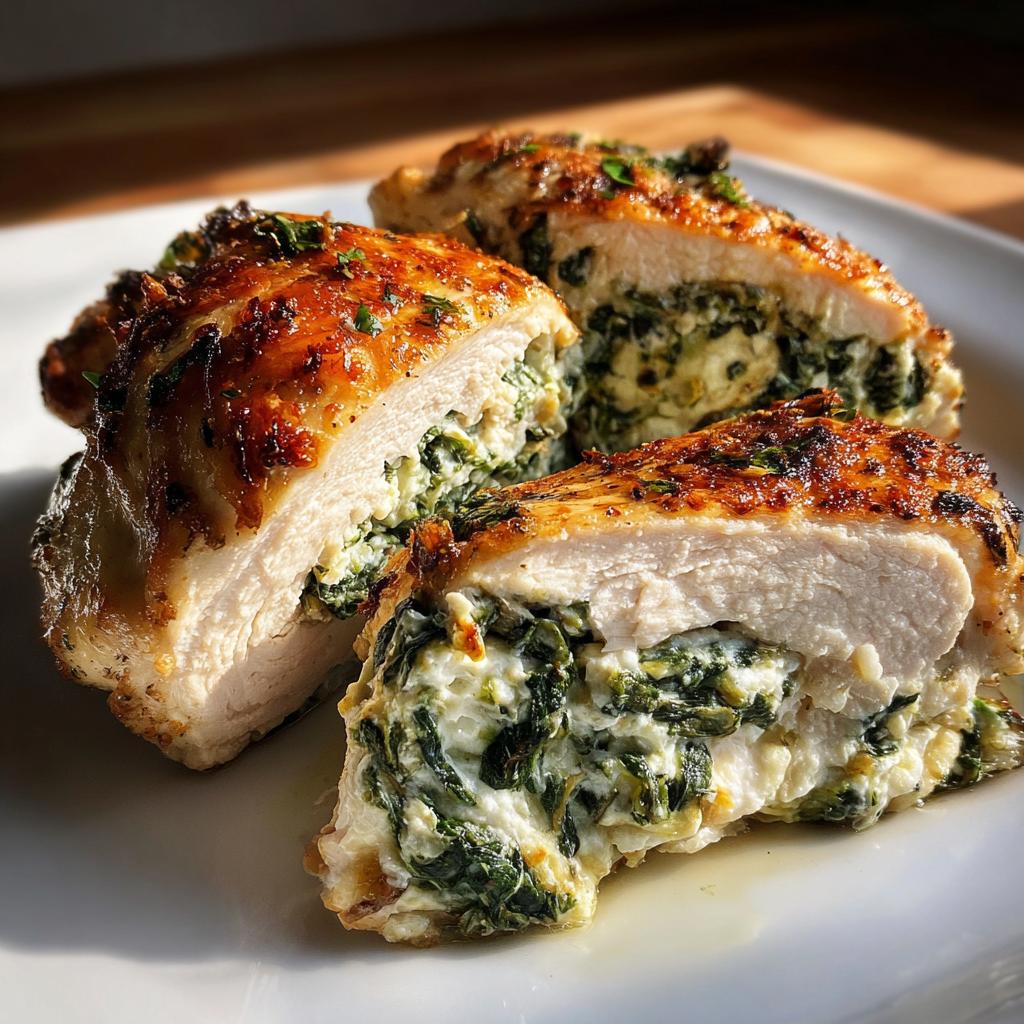Close-up of a stuffed spinach chicken breast, cut in half to show the creamy spinach and cheese filling.