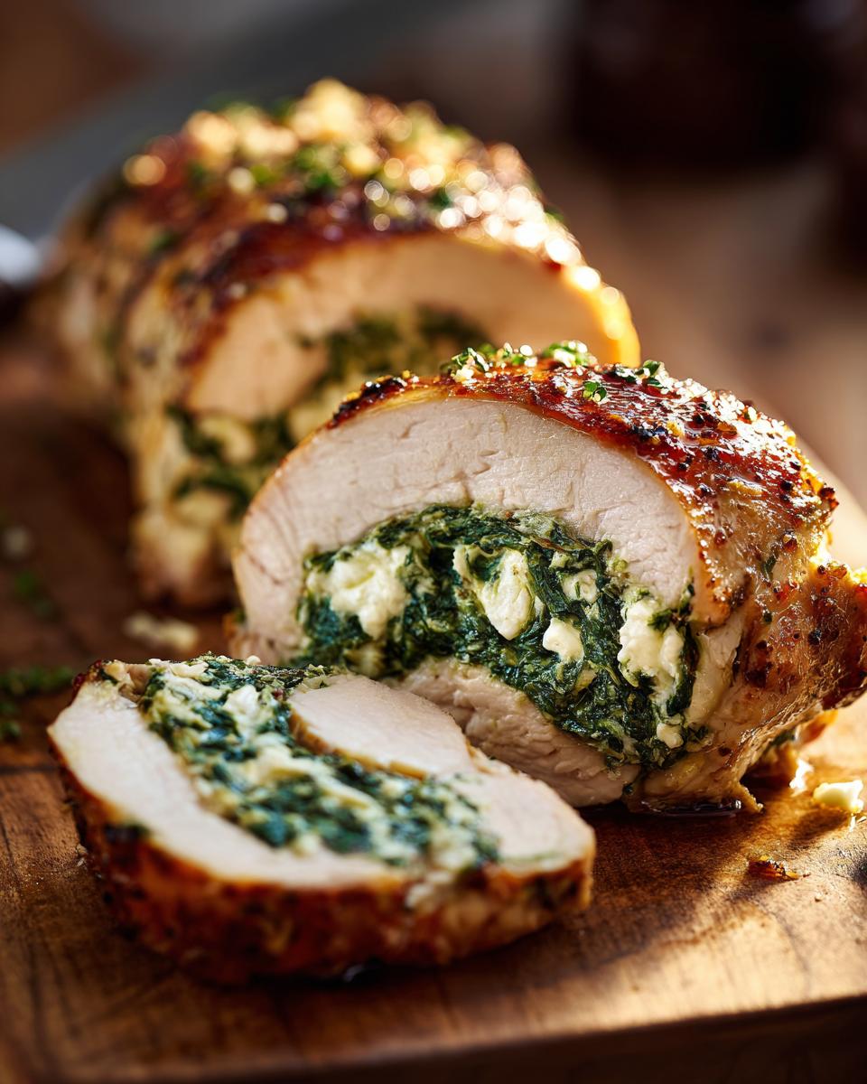 A close-up of a stuffed spinach chicken breast, sliced to reveal a creamy spinach and cheese filling.
